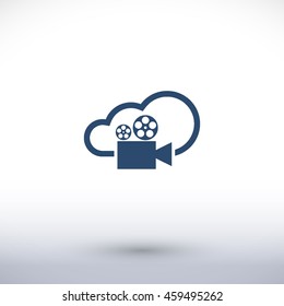 Cine camera vector icon. Cloud pictogram. Graphic symbol for web design, logo. Isolated sign on a white background.