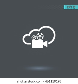 Cine camera vector icon. Cloud pictogram. Graphic symbol for web design, logo. White glyph on a gray background. Isolated sign.