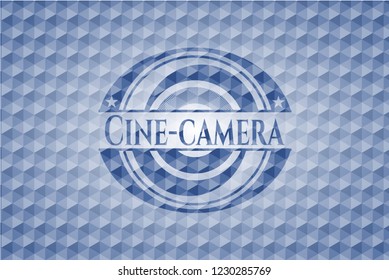 Cine-camera blue emblem or badge with geometric pattern background.