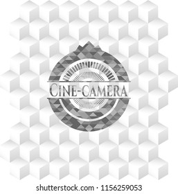 Cine-camera grey badge with geometric cube white background