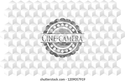 Cine-camera grey emblem. Vintage with geometric cube white background