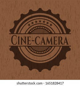 Cine-camera realistic wooden emblem. Vector Illustration.