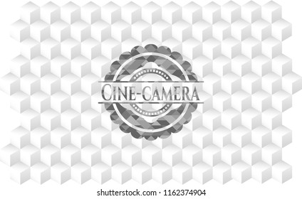 Cine-camera retro style grey emblem with geometric cube white background