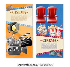 Cinema 2 retro vertical banners set with movie theater tickets seats popcorn and camera light isolated vector illustration