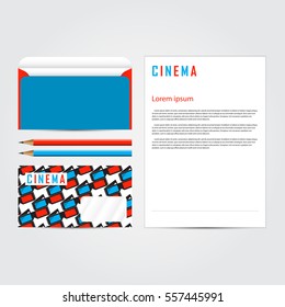 Cinema 3d corporate concept identity template set. Business stationery mock-up. Branding design. Letter envelope, card, banner, label, pen, pencil, badge,  letterhead. Vector illustration.