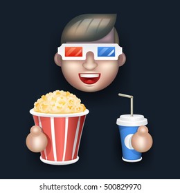 Cinema 3D Glasses Big Popcorn Soda Water Male Guy Man Boy Character Realistic Cartoon Flat Design Vector illustration