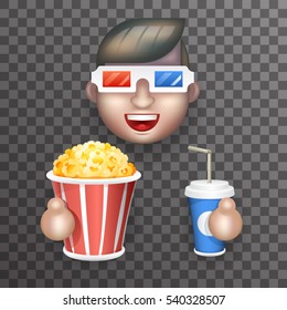 Cinema 3d Glasses Big Popcorn Soda Water Male Guy Man Boy Character Realistic Cartoon Flat Design Vector illustration