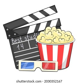 Cinema 3D glasses, clapboard, popcorn. Vector illustration on white background.