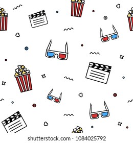 Cinema, 3d glasses, clapper, popcorn seamless pattern