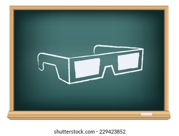 The cinema 3D glasses drawn on the blackboard on the white background