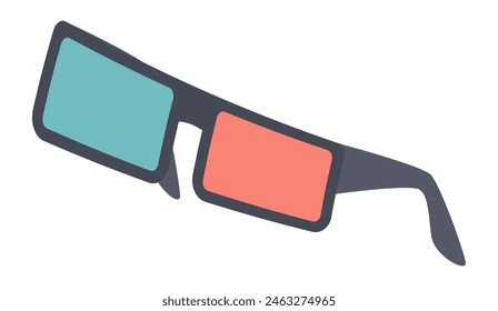 Cinema 3d glasses in flat design. Movie eyeglass with blue and red lens. Vector illustration isolated.