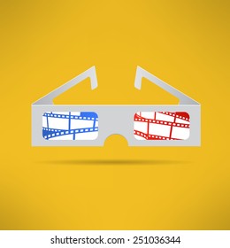 Cinema 3d glasses with footage tape inside. Modern movie theater equipment. Vector