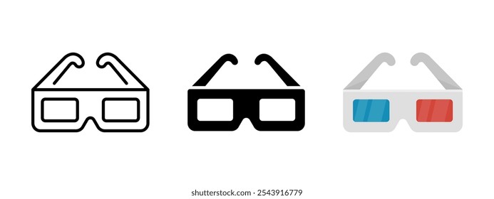 Cinema 3D glasses icon. Movie 3d glasses vector illustration. Three-dimensional stereo goggles symbol. 3D paper glasses with red and blue lenses. Stereo vision pictogram. Movie theatre eyewear sign.