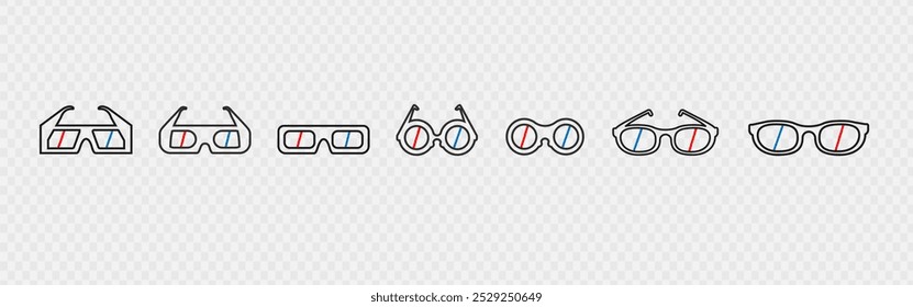 Cinema 3d glasses outline icon big set. Watch the cinema in 3d. Cinema in the theater. Line 3d glasses