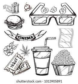 Cinema. 3D glasses, popcorn, fast food, soda drink, tickets, film. Set of outline vector illustrations isolated on white background.