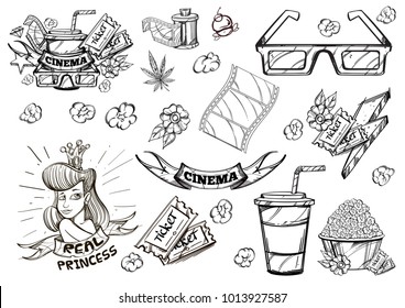 Cinema. 3D glasses, popcorn, fast food, soda drink, tickets, film, princess. Set of outline vector illustrations isolated on white background.