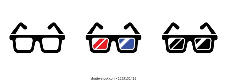 Cinema 3D glasses vector icon set. 3D movie glasses, film viewing accessories, entertainment equipment. Flat illustration isolated on white background.