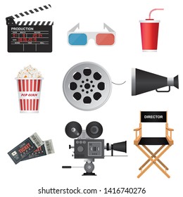 Cinema 3D icons. Clapper board, megaphone, movie tickets, director chair, soda cup, popcorn, reel, retro projector vector illustration.