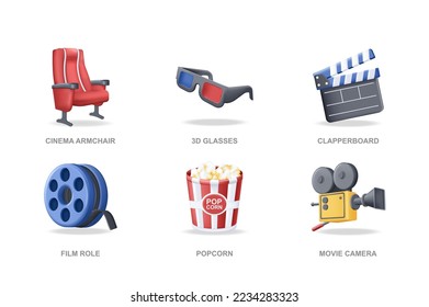 Cinema 3D icons set in modern design. Pack isolated elements
