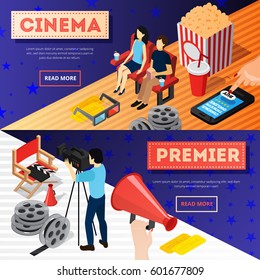 Cinema 3d isometric banners with conceptual images of popcorn film reel online tickets and camera operator vector illustration