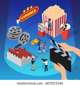 Cinema 3d isometric composition with human figures shooting movie sitting on beverage cup and hanging sign vector illustration
