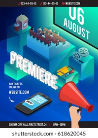 Cinema 3d isometric poster with cumbersome cubes theatre style seating popcorn film reel eyeglasses and smartphone vector illustration