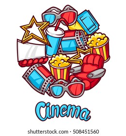 Cinema and 3d movie advertising background in cartoon style.