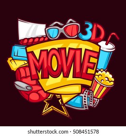 Cinema and 3d movie advertising background in cartoon style.