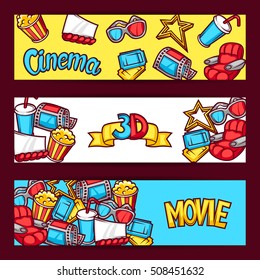 Cinema and 3d movie advertising banners in cartoon style.