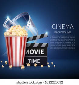 Cinema 3d movie vector background with popcorn and vintage film. Retro cinema poster. Banner cinema and movie film illustration