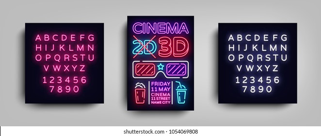 Cinema 3d poster design template neon style. Neon Sign, Light Banner, Bright Flyer, Design Postcard, Promotional Brochure, Neon Night Cinema Advertising. Vector Illustrations. Editing text neon sign