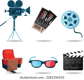 Cinema 3D realistic object bucket set with glasses, camcorder, movie ticket and clapperboard. colorful film day illustration of film industry isolated on white background.