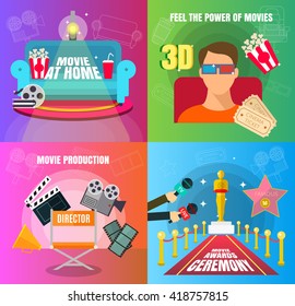 Cinema 4 flat design concepts set of movie adn cinema productuon watching and awards ceremony with director viewers, oscar figurine, 3D movie, and watch at home vector illustration 