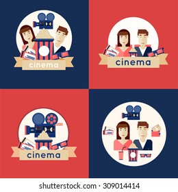 Cinema 4 illustrations Man and a woman in a movie. Tickets, cinema, glasses, popcorn. Flat icons vector illustration.
