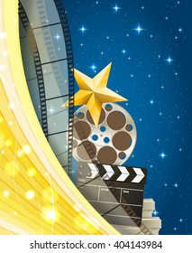 cinema abstract background with retro filmstrip, clapper and star