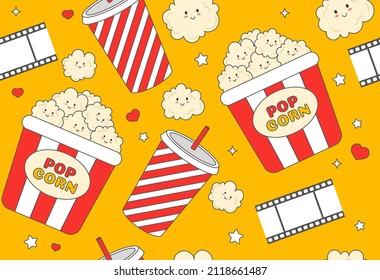 Cinema abstract concept. Colorful seamless pattern with popcorn, movie, mug with drink and character with cute face. Design element for packaging and printing. Cartoon flat vector illustration