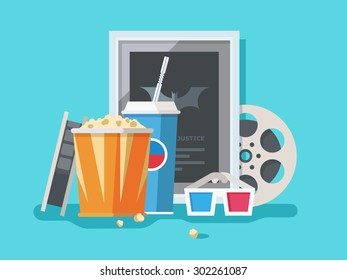 Cinema accessories. Movie and popcorn, strip and snack, 3d glasses and soda, vector illustration