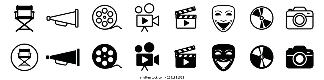 Cinema ad movie icons vector set. Movie, film, theater, video, tv and more icon for apps and websites, symbol illustration