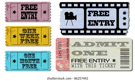 Cinema and admit one ticket Illustrations
