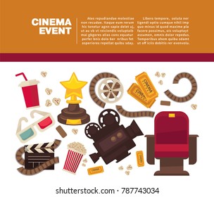 Cinema advertisement banner with symbolic cinematographic equipment
