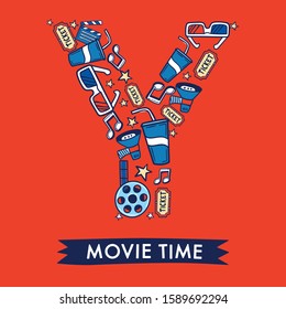 Cinema Alphabet collection for card design : Cinema elements forming a shape of letter Y : Vector Illustration