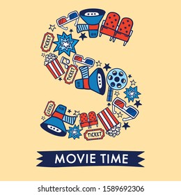 Cinema Alphabet collection for card design : Cinema elements forming a shape of letter S : Vector Illustration