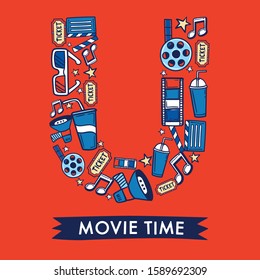 Cinema Alphabet collection for card design : Cinema elements forming a shape of letter U : Vector Illustration