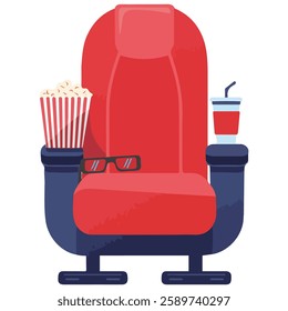 Cinema Armchair with 3D Glasses Soda and Popcorn Vector Design