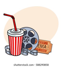 Cinema attributes - retro style film reel, ticket and soda water in paper cup, sketch vector illustration with place for text. Drink in paper cup, film reel, ticket, cinema attribute, object