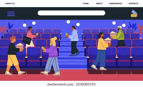 Gente de la audiencia del cine que entra al teatro que lleva boletos de las palomitas de maíz. Escena colorida con diversos individuos en atuendo casual. Plantas de alfombra roja de Vacantes azules. Diseño de Sitio web