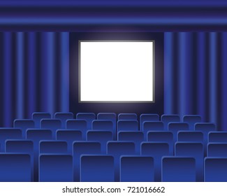 Cinema auditorium with blue seats and blank screen. Vector illustration