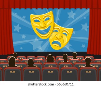 cinema auditorium flat icons with seats, audience and theater masks on screen. Vector illustration.