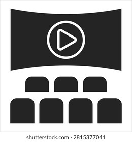 Cinema auditorium with large screen and audience seating. A minimalist black icon featuring a curved cinema screen with a play symbol above rows of theater seats. Simple flat design. Ideal for movie review blogs or cinema booking app interfaces.