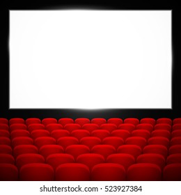 Cinema auditorium with red seats and blank screen vector. Vector illustration, eps 10.

